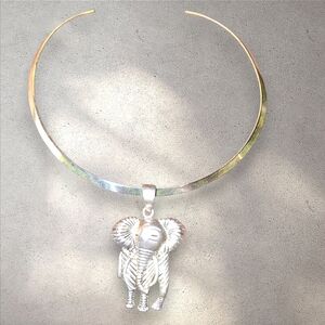 Elephant Pendant On Silvertone Rigid Choker Signed Best Jewelry